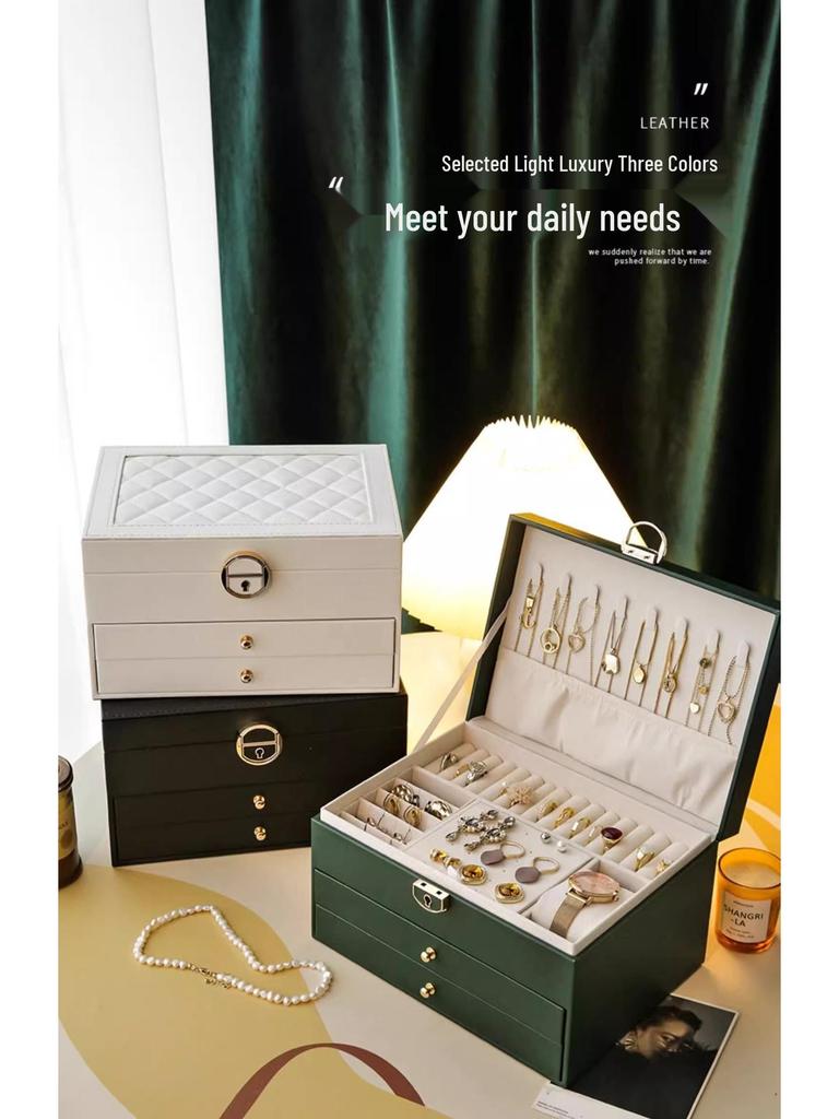 Luxury Layered Leather Jewelry Box - Large Capacity, Multi-Drawer Storage for Necklaces and Earrings
