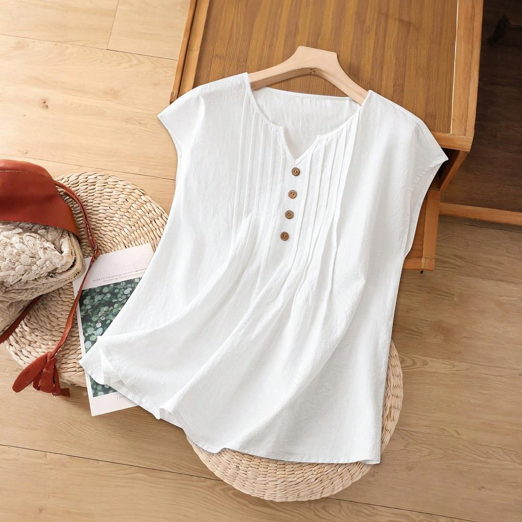 Women's Fashionable Multi-Color Loose Casual Button Cotton Linen Top