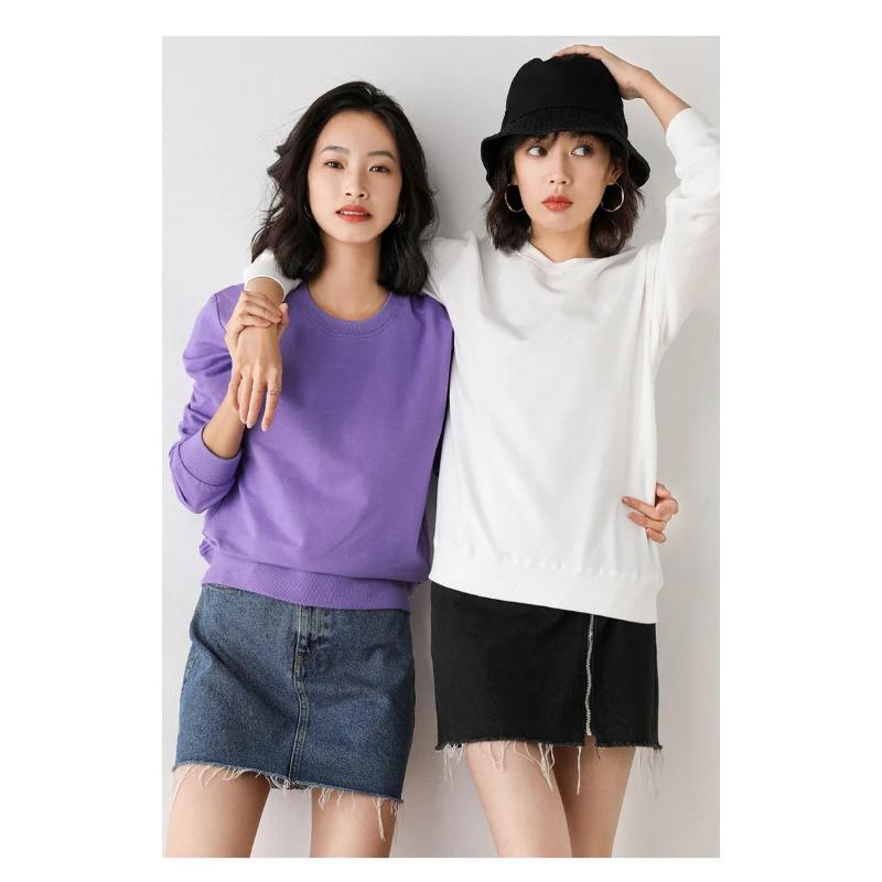 Damen Sweatshirt Frühling Herbst Mehrfarbig Mode Koreanisch Rundhals Baumwolle Locker Damen Sweatshirts Vintage Einfarbig Pullover