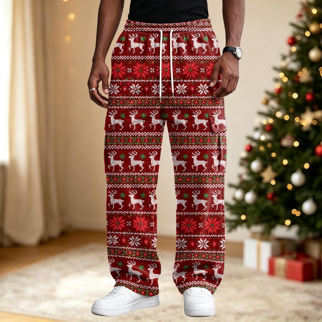 Men's Streetwear Casual Loose Fit Comfortable Athletic Pants with Christmas Print for Holiday Lounging