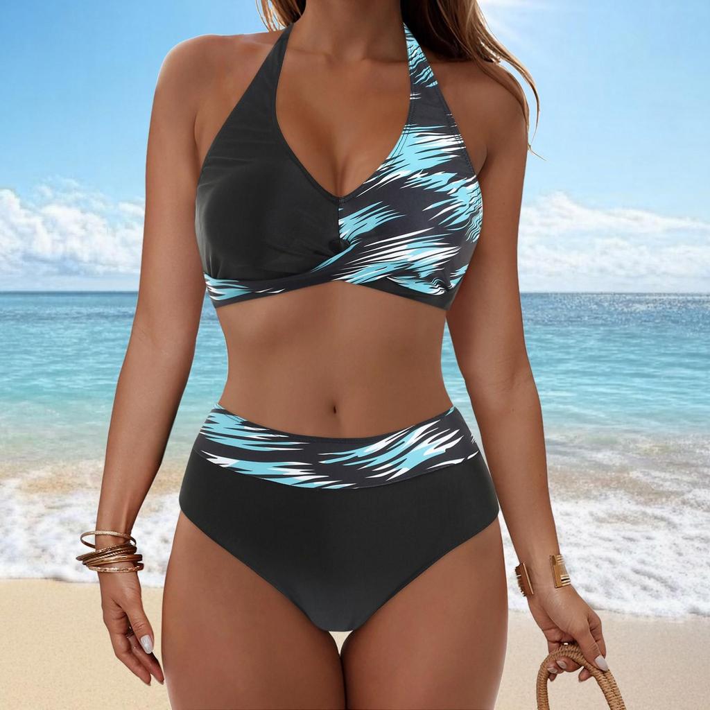 Ladies' Detachable Chest Cushion High Waist Hanging Neck, Printed Color Blocked Split Swimsuit High Waisted Bikini Two-Piece Set