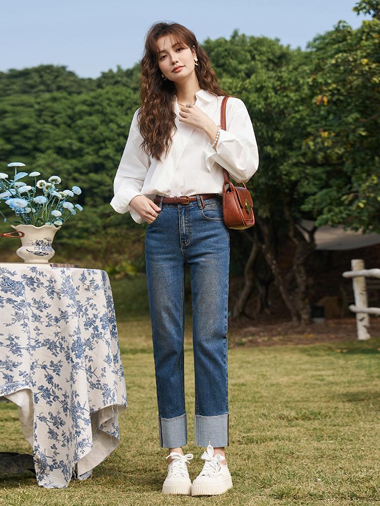Mishow Jeans feminino 2024 novo algodão sólido design vintage fino elegante cintura alta tornozelo-comprimento calças MXD12K0536