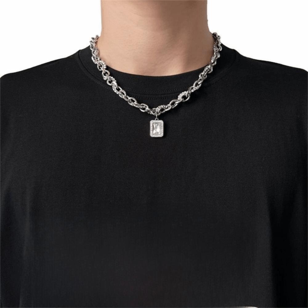 Trendy Stainless Steel Necklace Geometry Choker Chain Rhinestones Geometry Necklace Men