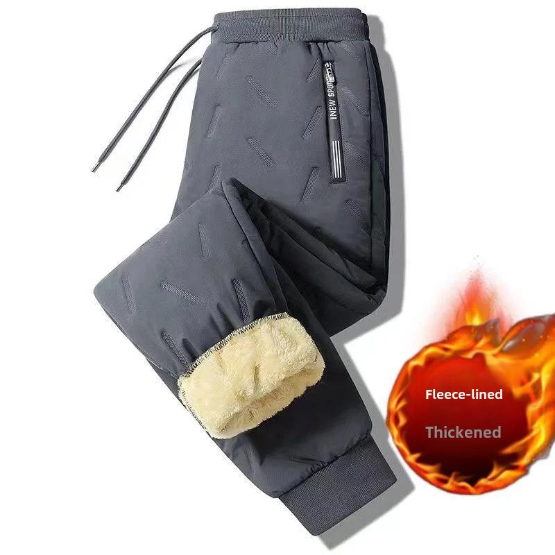 Men's Winter Lambskin Windproof Warm Three-Layer Trousers with Drawstring Elastic Waist