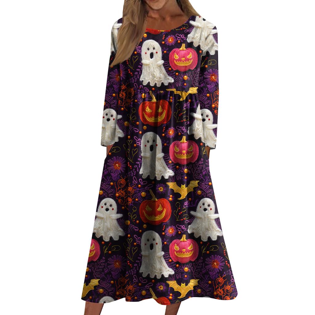 Women's Casual -neck Halloween Print Mid-length Dress Long-sleeved Dress With Pocket