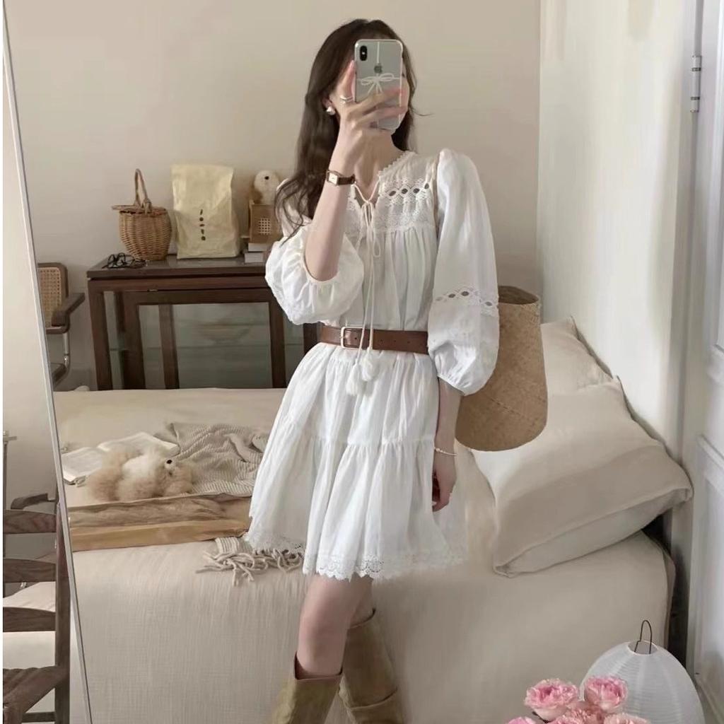 French Gentle Wind Fringed Lace Heavy Industry Hollow Lace Splicing Bubble Sleeve Dress Women