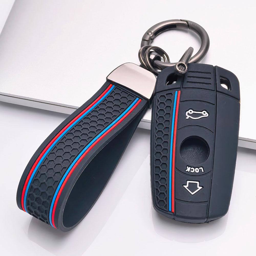 Silicone Car Key Fob Cover with Matching Keychain Designed for BMW 1 3 5 Series X1 X3 X5 E90 E60 E87 E91 E92 E84 E70 This Protective Key Case Features