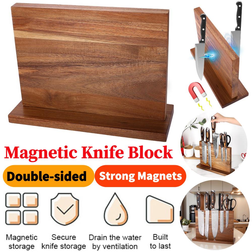Magnetic Wooden Knife Block Double-Sided Solid Wood Knife Holder Stand with Strong Enhanced Magnets Can Hold Multiple Knives