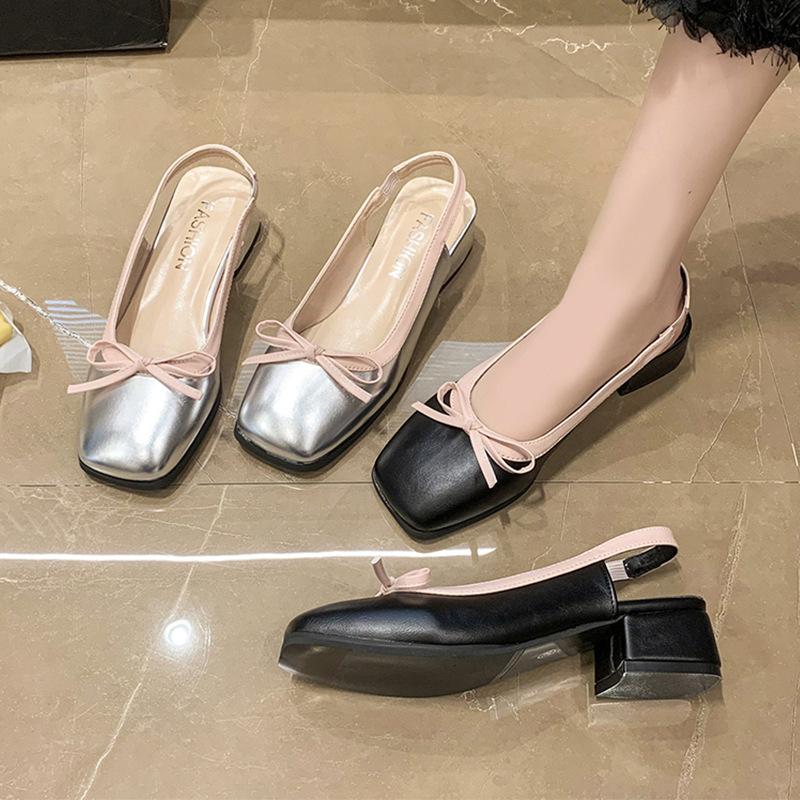 Square Head, Shallow Mouth, Empty Bag Head, Mary Jane Sandals, Women's Bow Single Shoes, Summer New Sweet Low-heeled Shoes