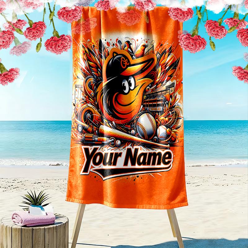 Name Custom Baltimore Orioles Print Beach Towel, Large Soft Quick Dry Towel for Beach Camping Swimming