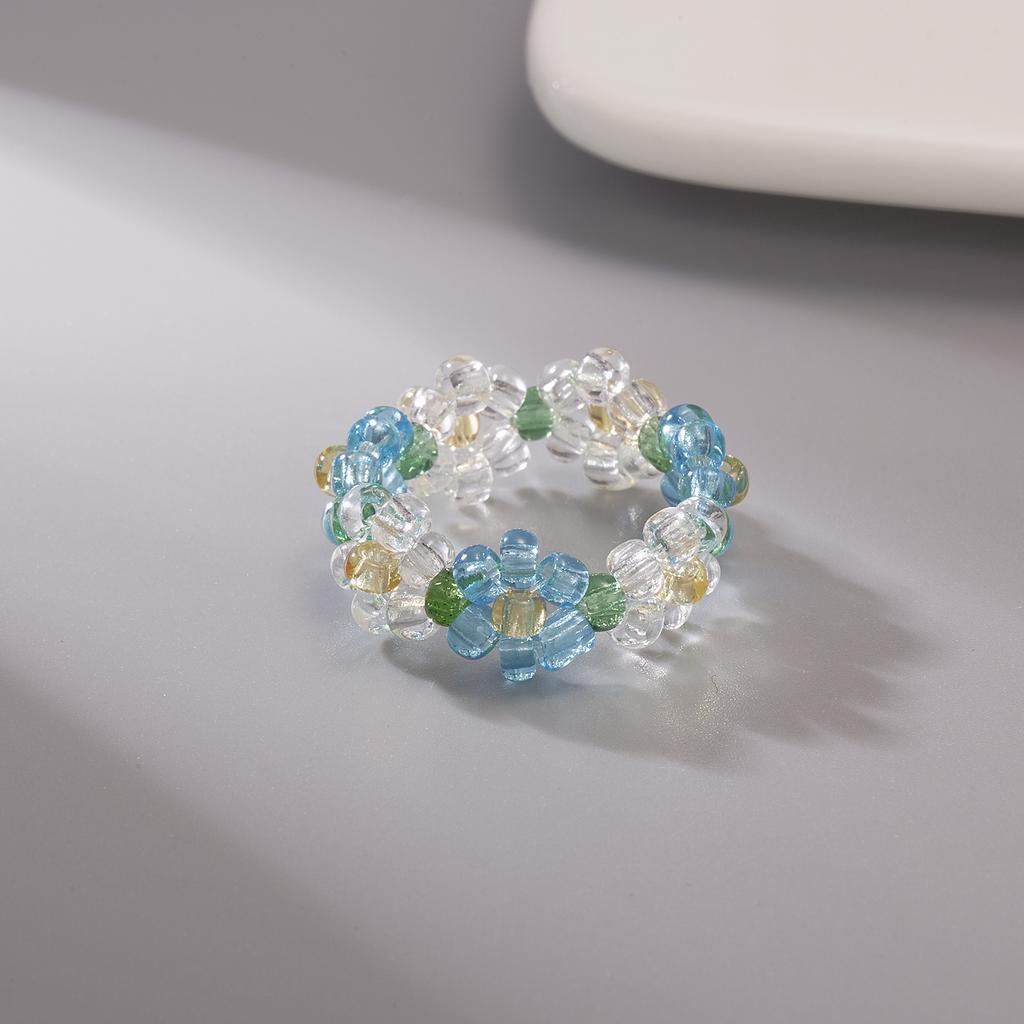 Cute Colorful Flower Finger Ring Rice Beads Elastic Chain Beaded Ring For Women Girls Charm Temperament Jewelry Gift Adjustable