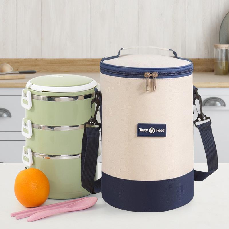 Sac de prânz portabil de mare capacitate, cutie de prânz izolată, cilindric, proaspăt, cutie rotundă din folie de aluminiu, geantă termică pentru alimente.