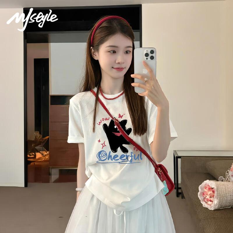 MJ STYLE Pure Cotton Loose T-Shirt with Kitten Design S