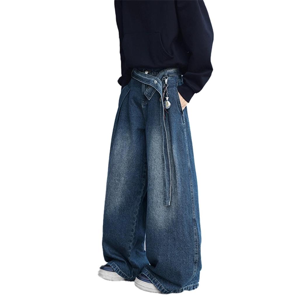 Design Belt Jeans Men's Autumn and Winter Loose Straight Retro Blue Pants American High Street Wide-leg Pants Classic Men's Casual Jeans