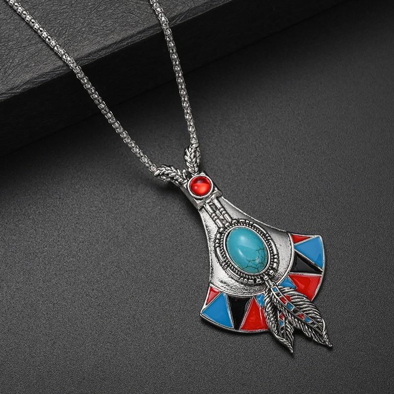 Bohemian Tribal Ethnic Style Necklace Imitation Turquoise Feather Pendant Niche Necklace