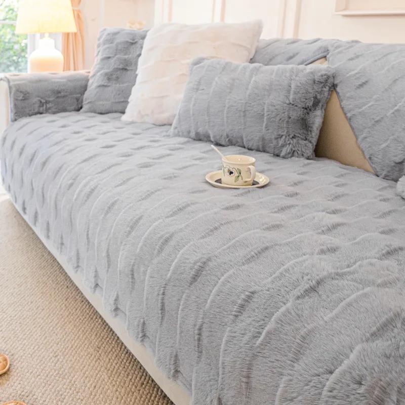 Rabbit Plush Net Solid color thicken Sofa Cushion Winter Padded Plush Cushion Non-slip Leather Sofa Cover New Cover Cloth Towel