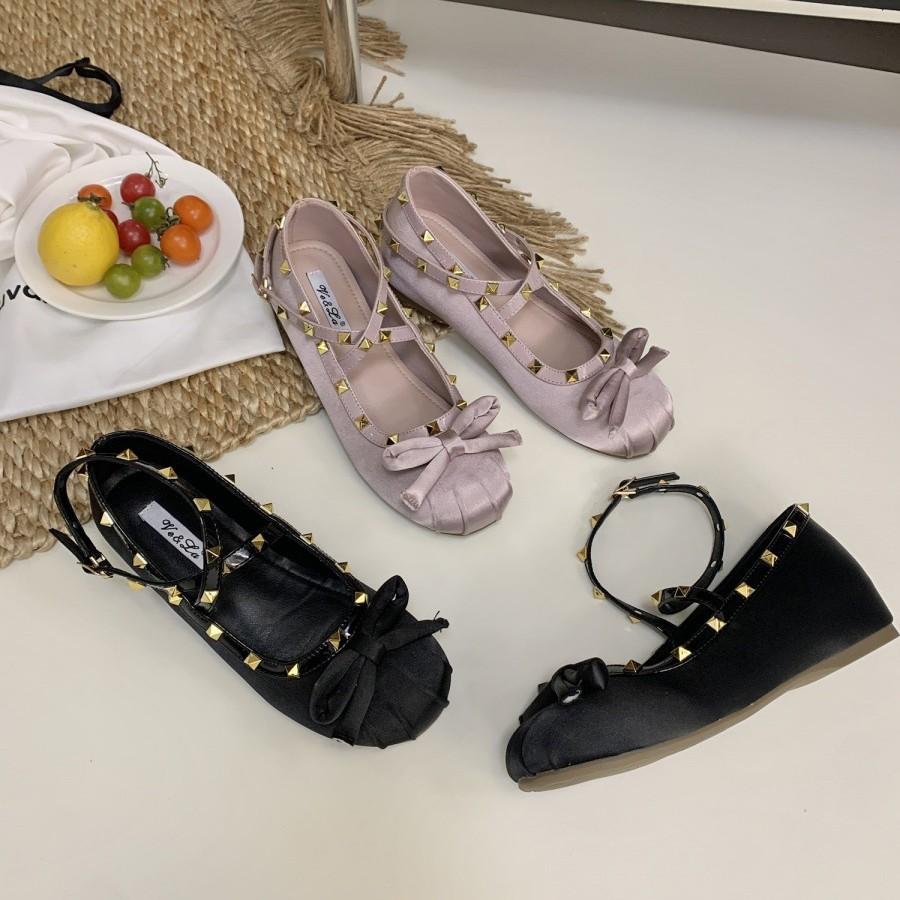 Fairy Riveted Ballet Shoes Girl 2025 Spring and Summer New Bow Evening Wind Flat-bottomed Pink Doudou Shoes