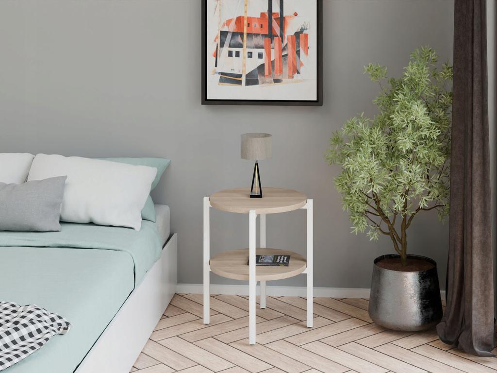 Stolik Nocny Okrągły Loft Z Półką 35X35X46 Cm Metalowy Biały