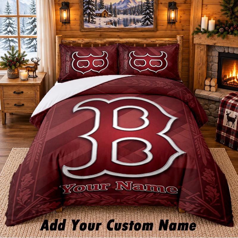 Boston Red Sox Pattern Bedding 3Pcs Set Custom Name, Bed Sheet And Pillowcases For Home Bedroom