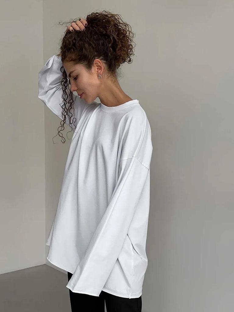 Frühling 2024 Damen reines Baumwoll-T-Shirt mit lockerem Schnitt und langen Ärmeln - GUIYAKECOOL