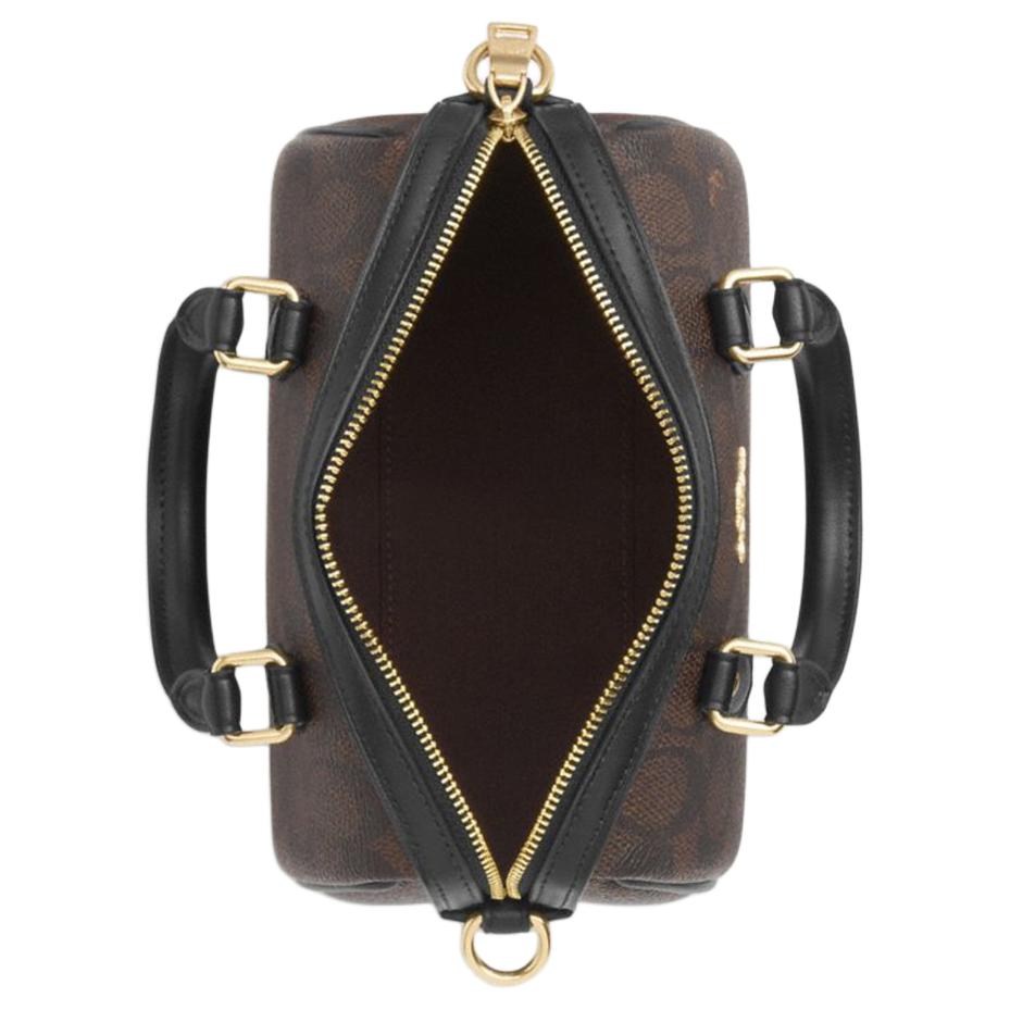 Coach Brown Signature Canvas Mini Boston Duffle Bag with Heart Charm & Gold Hardware for Daily Use
