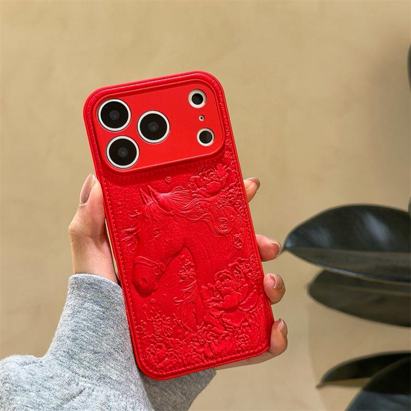New Year Orange-Red Embossed Horse iPhone 15/14  Pro Max Anti-Drop Case iPhone 15 Pro Max