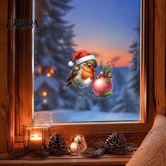 Cute Bird Holiday Patterns Christmas Window Cling, Static Sticker with Santa Hat And Bauble, Ornaments Waterproof UV-Resistant Glass Decal for