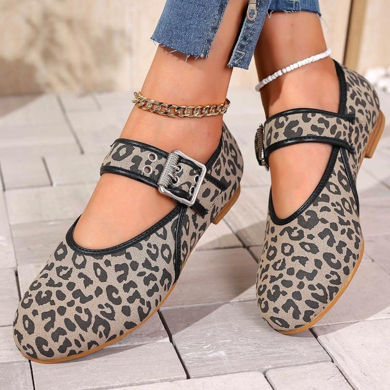 New Women's Single Shoes with Belt Buckle Round Head Straight Belt and Flat Bottom