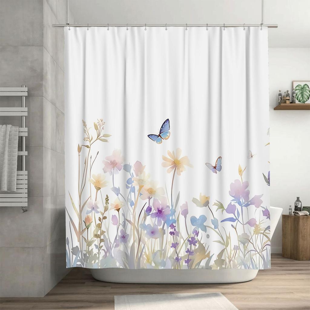 Elegant Flower Butterfly Design Waterproof Heat Resistant Machine Washable Shower Curtain Complimentary Hook Nordic Minimalist