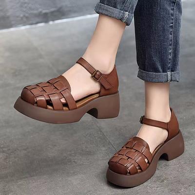 Damsandaler Tåhätta Retro Grov Klack Vävd Spänne Romerska Sandaler Handgjorda Halkfria Läder Casual Ihåliga Damhöga Klackar