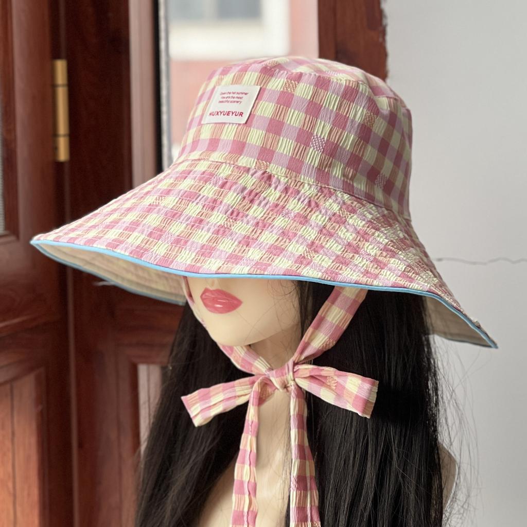 Casual bucket hat women can wear double-sided plaid versatile big eaves show face small sunshade sunscreen hat fashion basin hat
