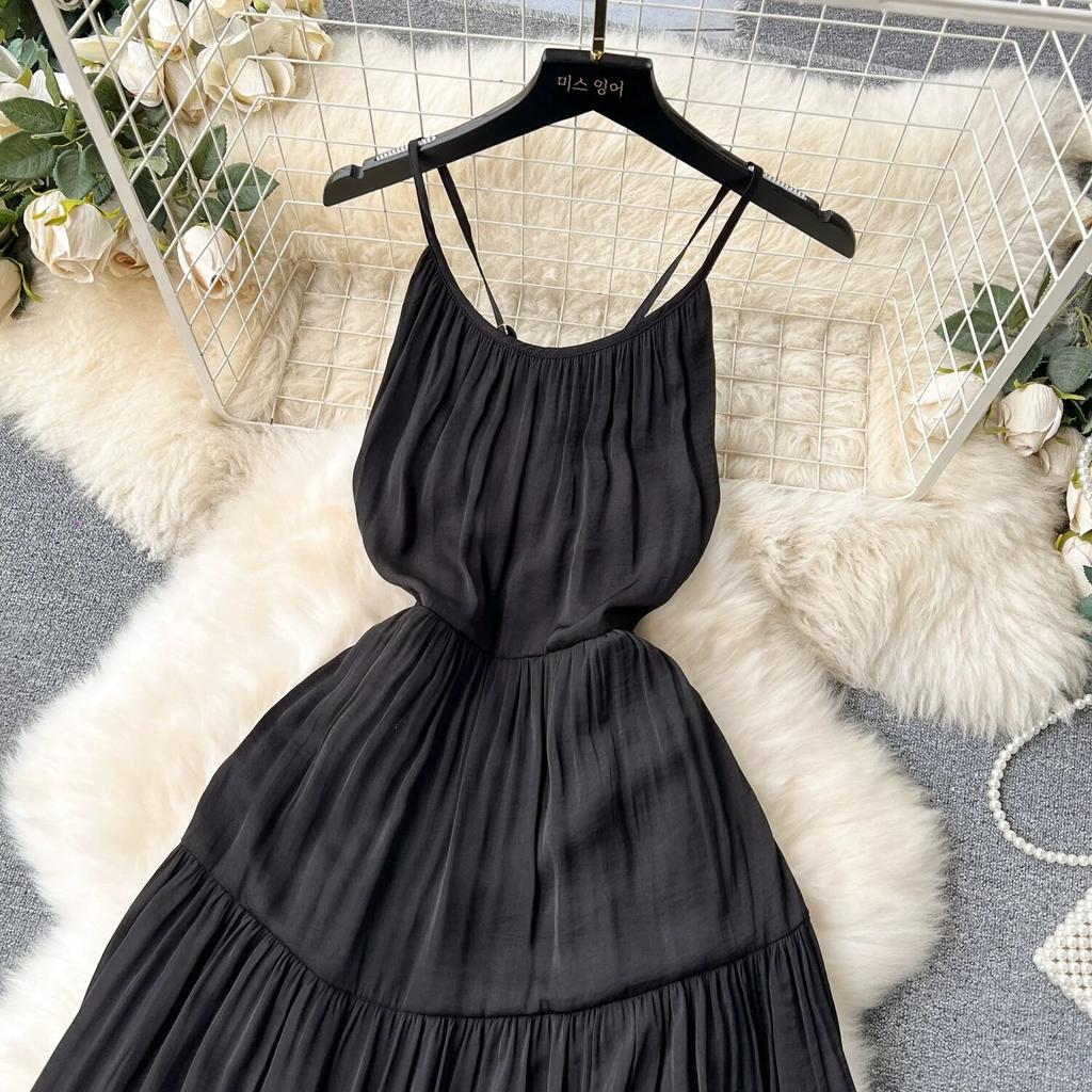 Sexy Backless Sling Skirts High Sense Vacation Wear Waist Hugging Slimming Mopping Floor Long dress Seaside Beach dress