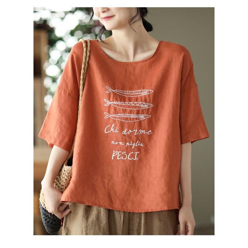 DIMANAF 2026 Summer New Plus Size Women Vintage Embroidery Cotton Linen T-shirt Casual Loose O-Neck Short Sleeve Tops