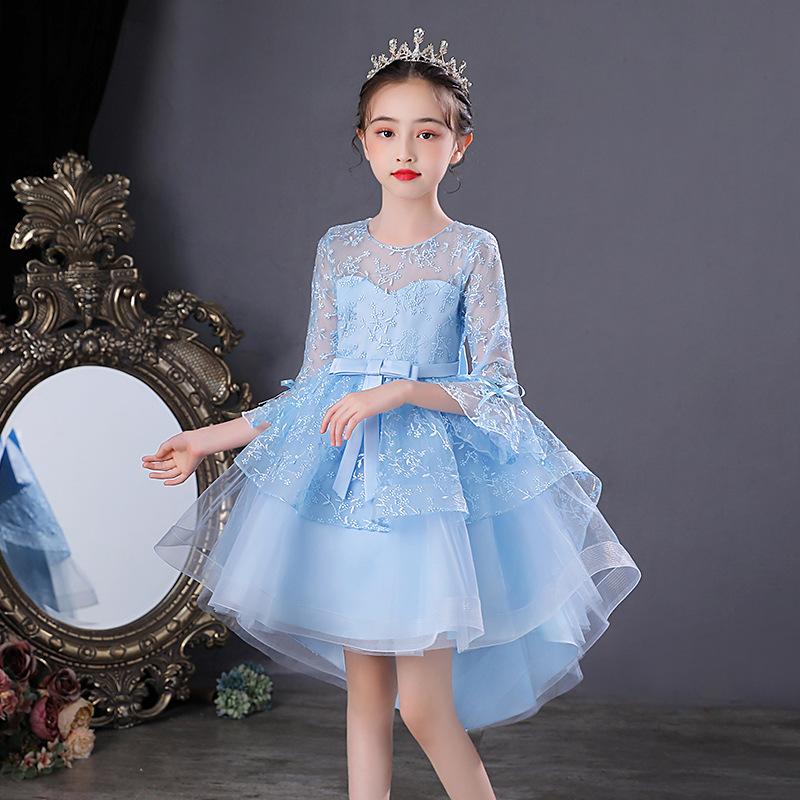 Girl Dress Party Birthday Embroidered Mesh Bow 3/4 Sleeve Princess Sweet Dresses Kids Clothes