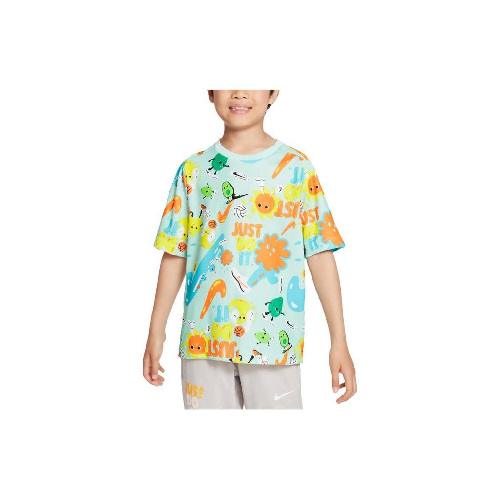 Nike Letter Pattern Printed Round Neck Loose Short Sleeve T-Shirt Kids Tops Ice-Blue FQ0705-346