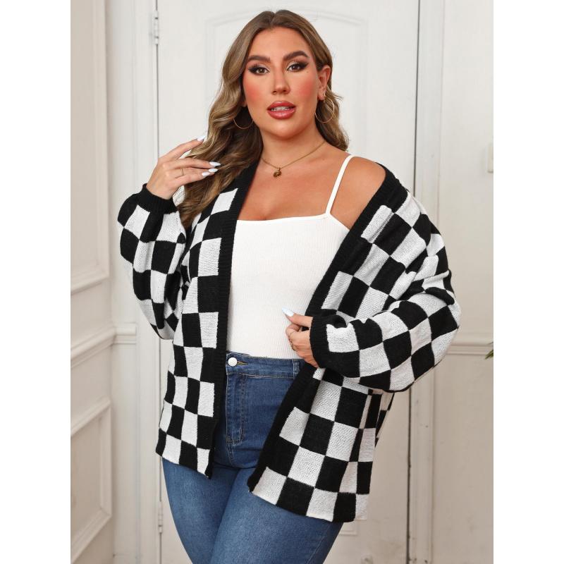 

Women s Knitted Cardigan Plus Size Color Block Patchwork Check Loose Casual Sweater Coat L
