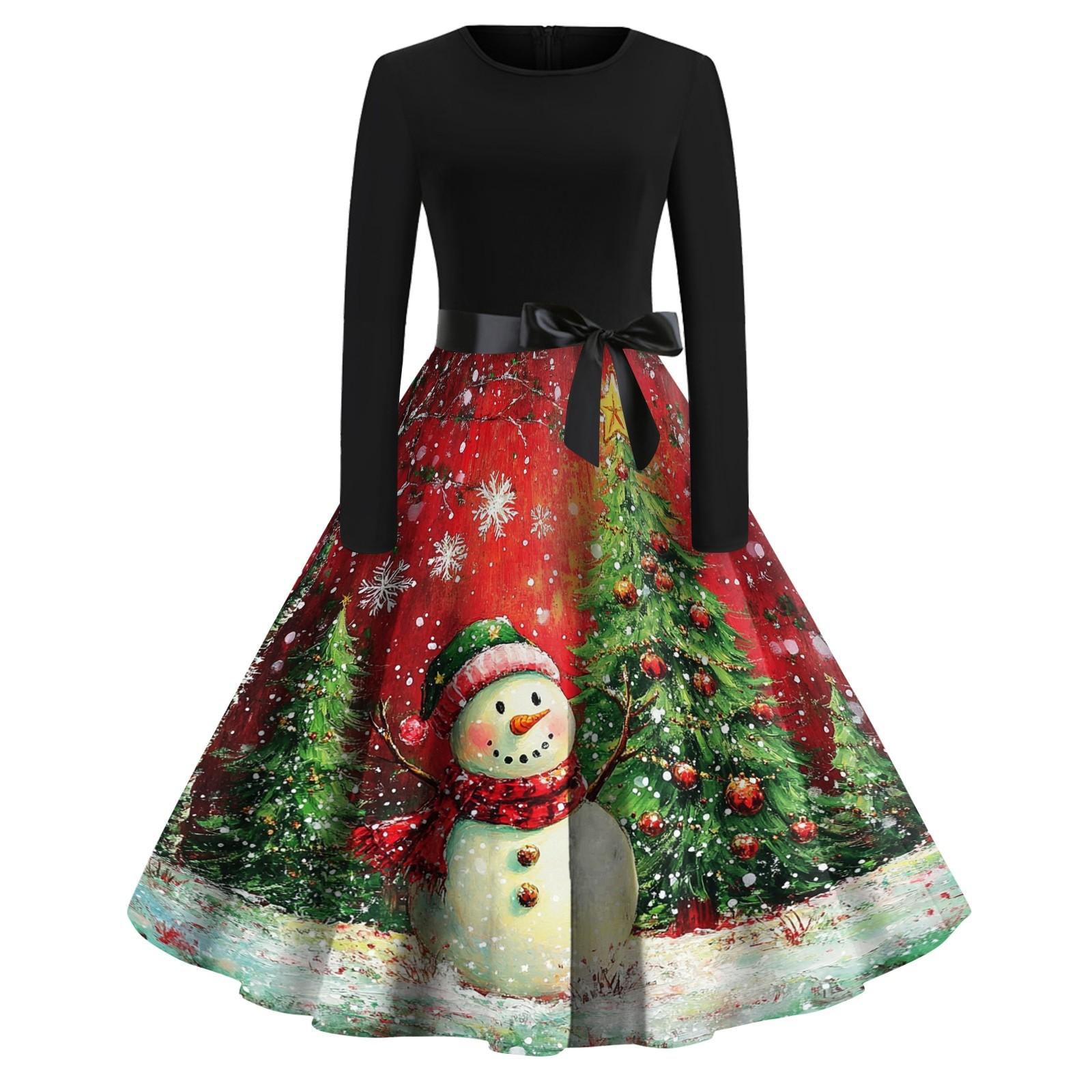 

Женское рождественское платье с круглым вырезом и большим подолом, плиссированная юбка с длинными рукавами L красный