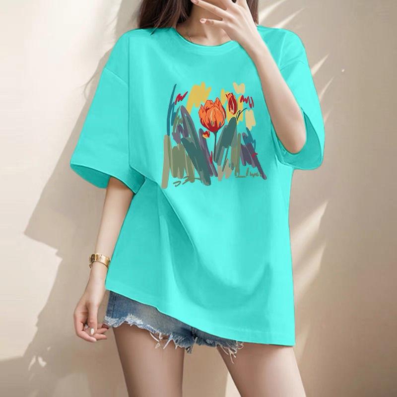 Women Clothing Chic Hand-Painted Flower Printing T-shirt Summer Elegant Fashion Pure Cotton Basic Top Tee Lady Loose Pullovers