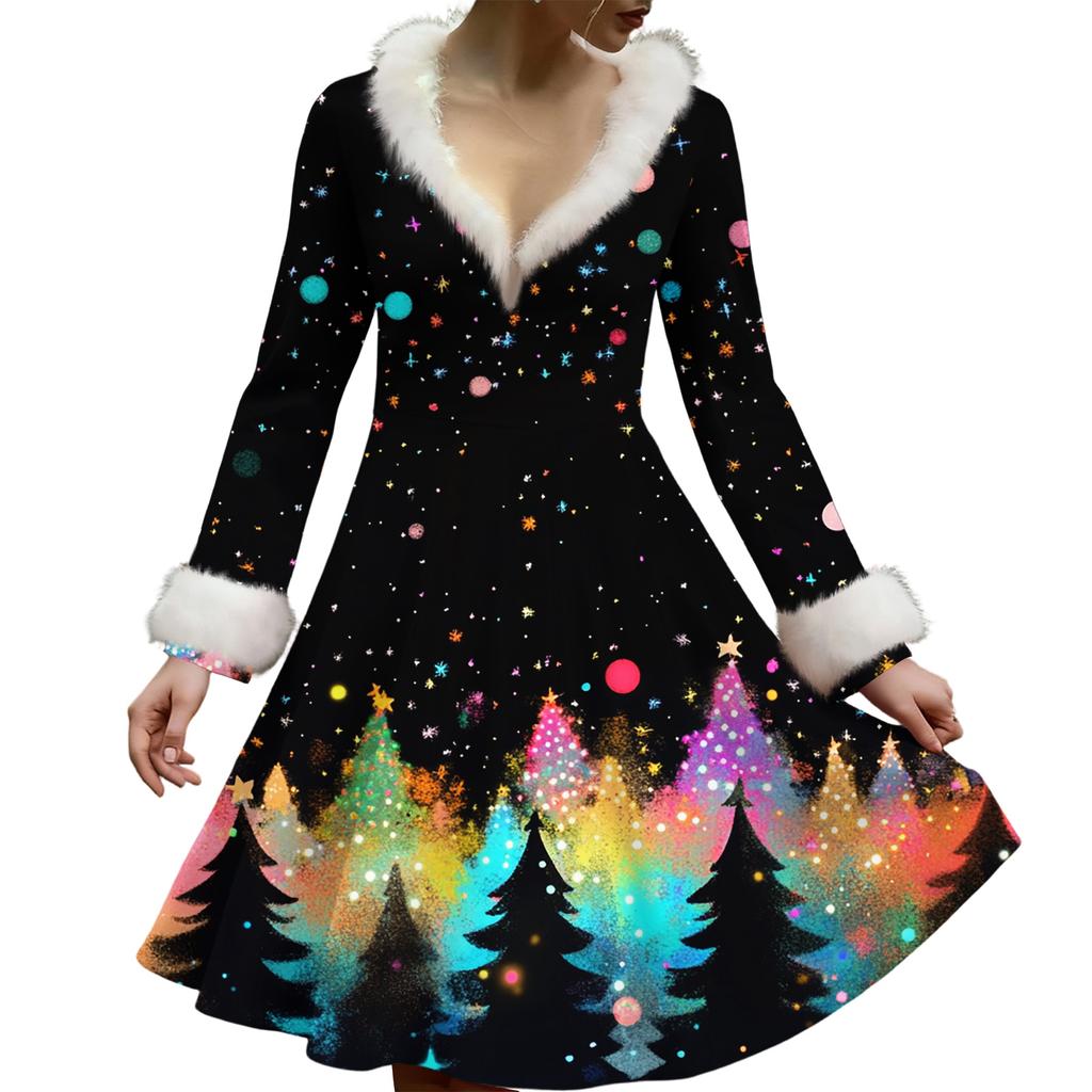 Women's Casual V-neck Christmas Print Plush Long-Sleeve Casual Dress