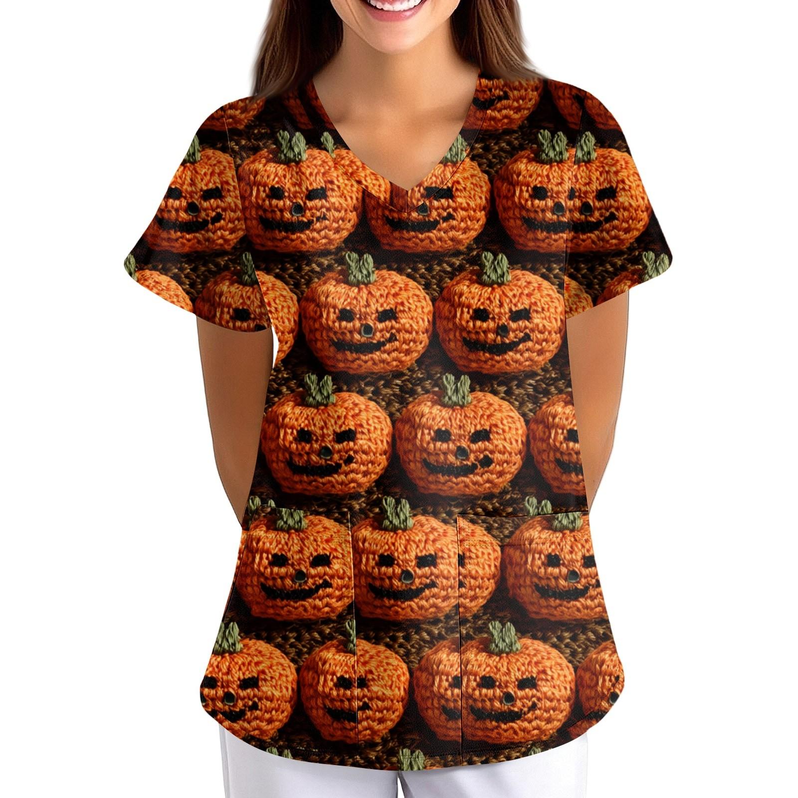 

Women s Halloween Printed Loose V-Neck Pocket Short SleevUniform Uniform XXXXXL помаранчевий