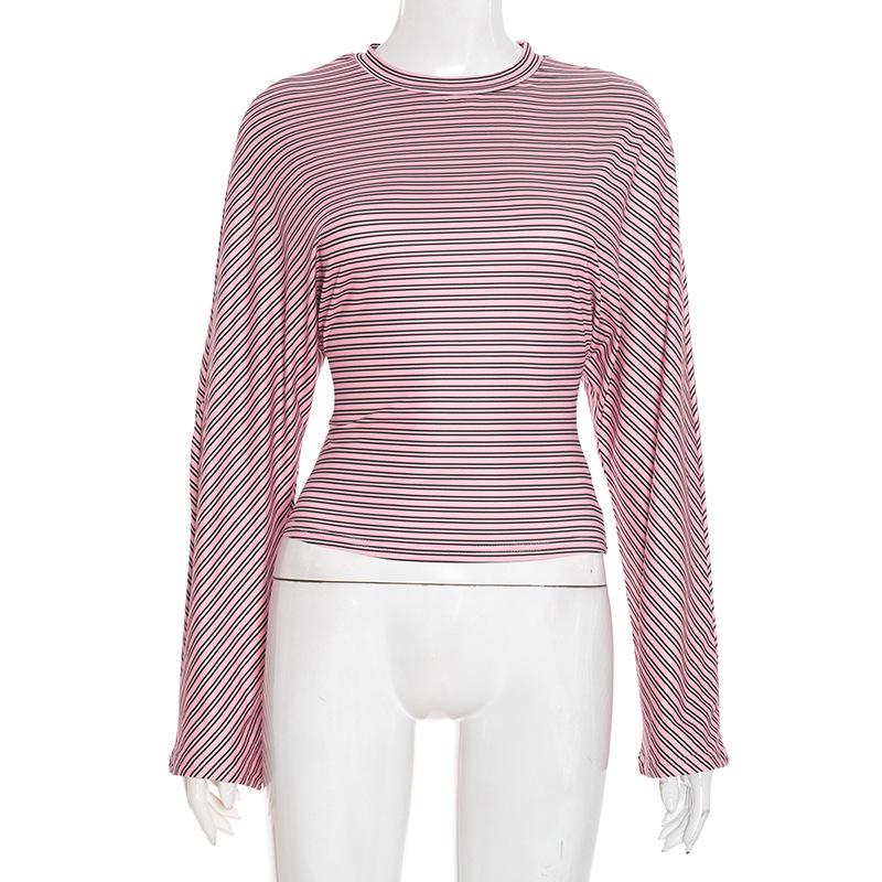 Европейский полосатый укороченный женский топ с поясом Large