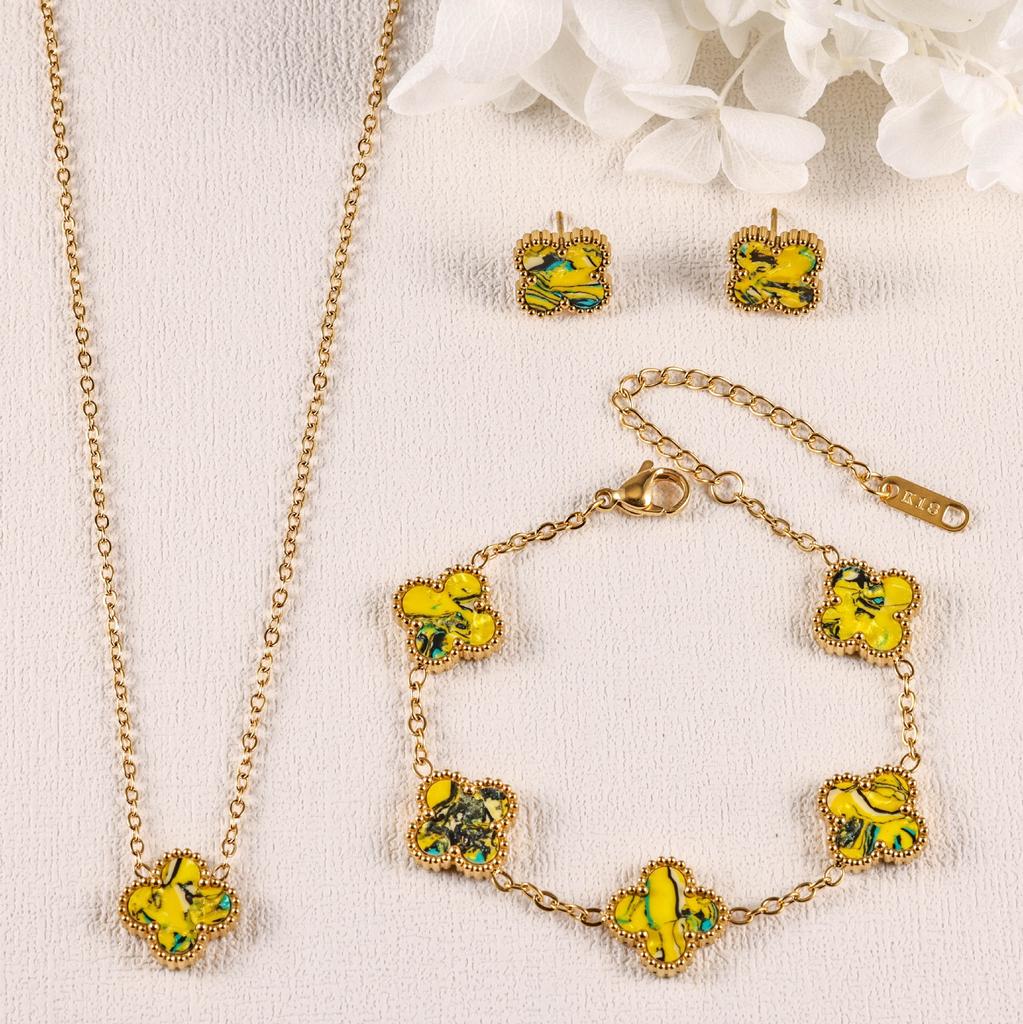 3PCS Clover 18K Gold Plated Necklace Bracelet Earnail Set Women's Light Luxury Colorful Fashion Accessories