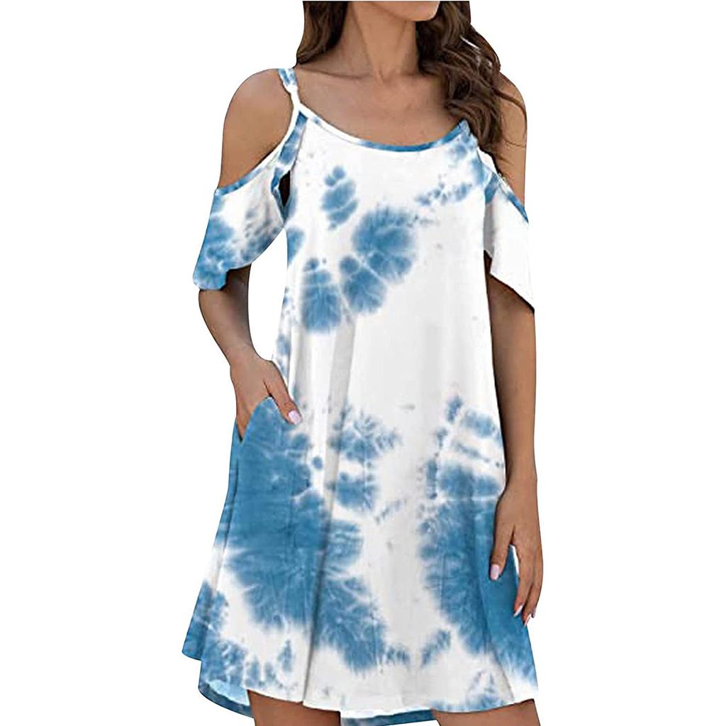 Women Fashion Ruffle Sleeve  Dress Tie-dye  Strapless Dress