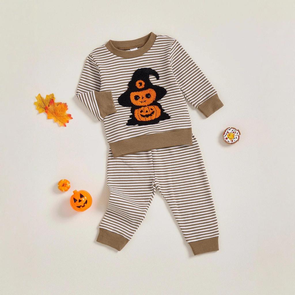 Set Felpa Ricamata con Zucca e Fantasma per Bambini e Pantaloni a Righe per Autunno/Inverno