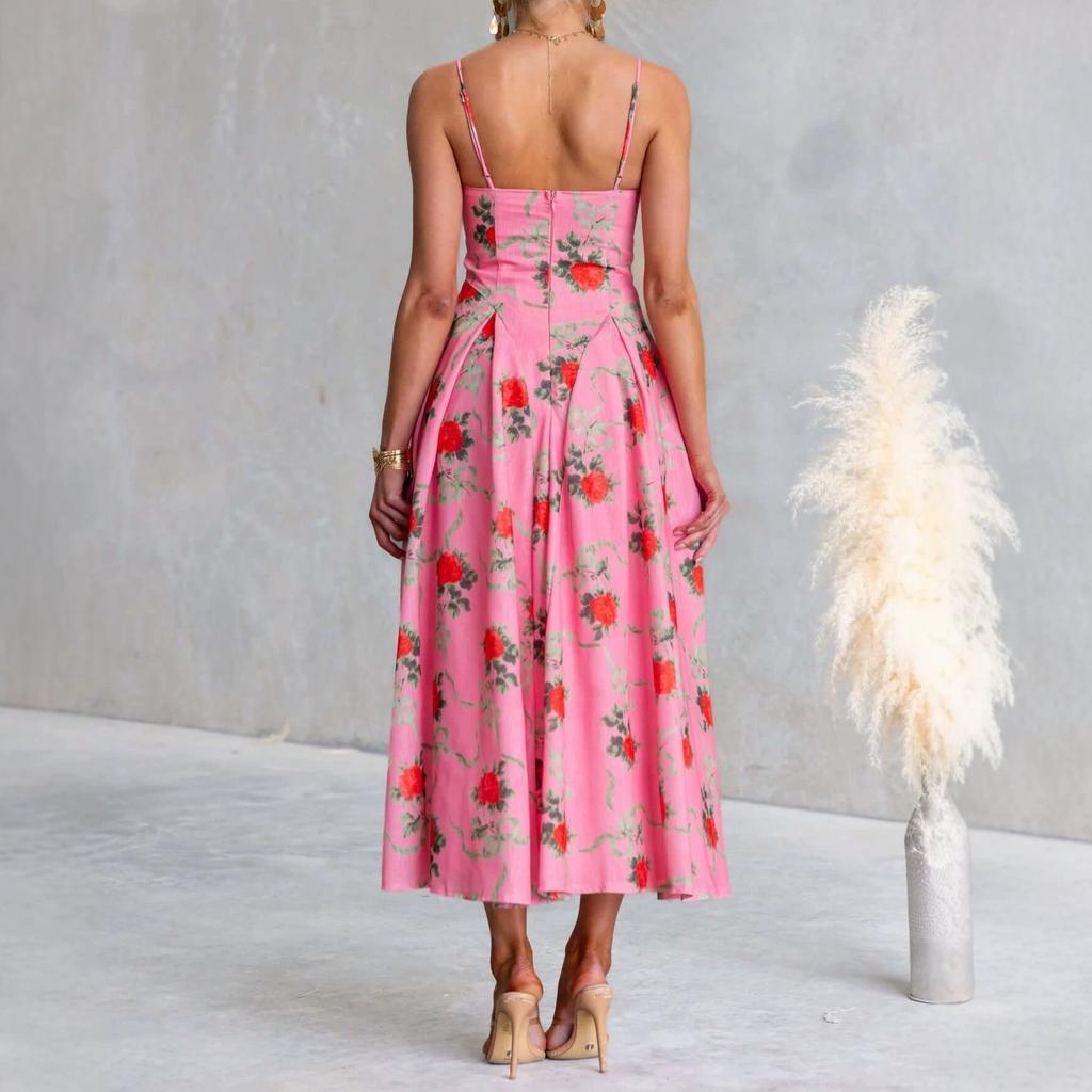 Summer new floral print waist swing dress suspender beach dress women