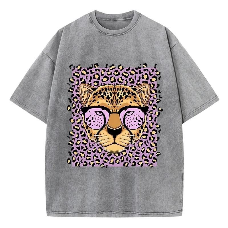 Cheetah Leopard Print Graphic Vintage Washed TShirt Oversized Cotton Tee Streetwear Summer Tops S