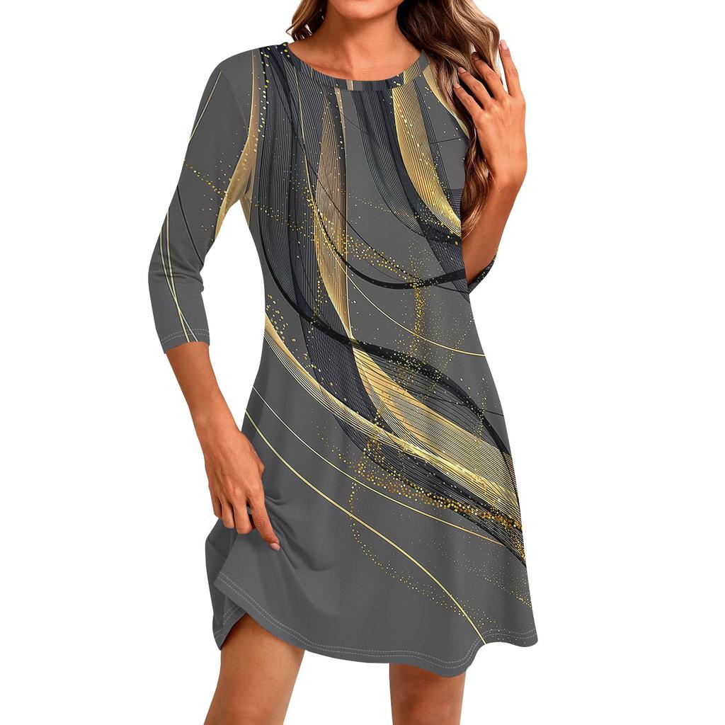 Women's Fashion Casual Print Round Neck Three-quarter Sleeve Short Dress
