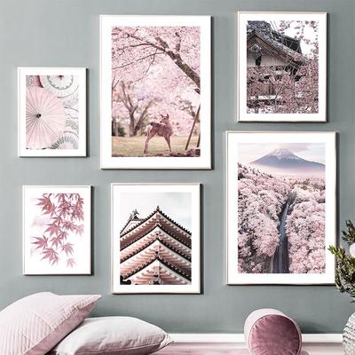 Japan Sakura Fuji Mountain Deer Building Wall Art Canvas Painting Nordic Posters And Prints Wall Pictures For Living Room Decor