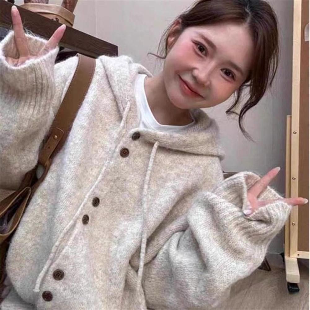 Hooded Sweater Cardigan for Women Autumn and Winter, Small and Lazy Style, Soft and Sticky Knit Sweater Jacket