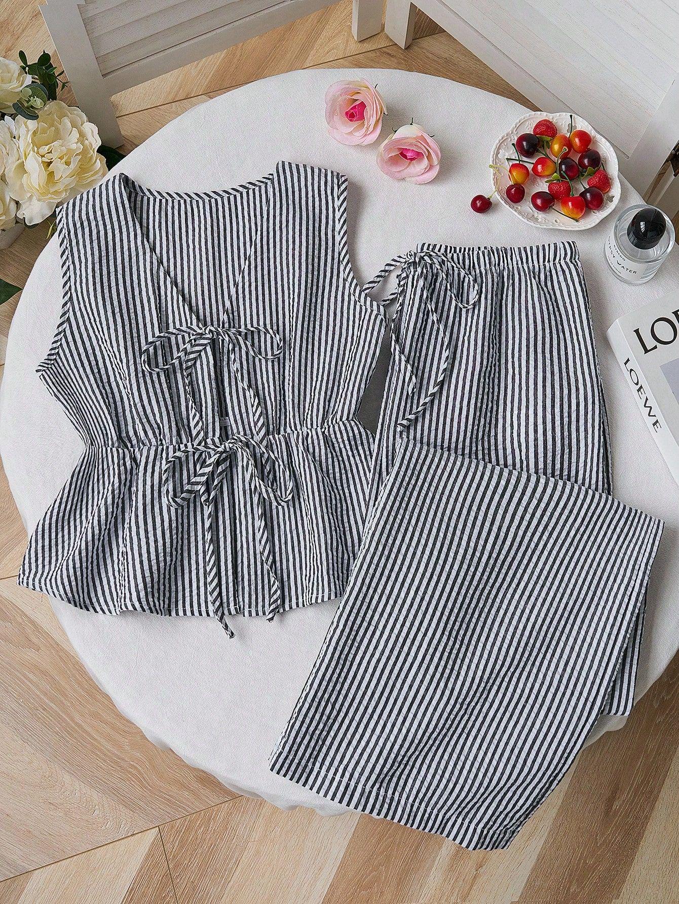 Летний полосатый повседневный жилет на шнуровке и свободные брюки, комплект M чёрный